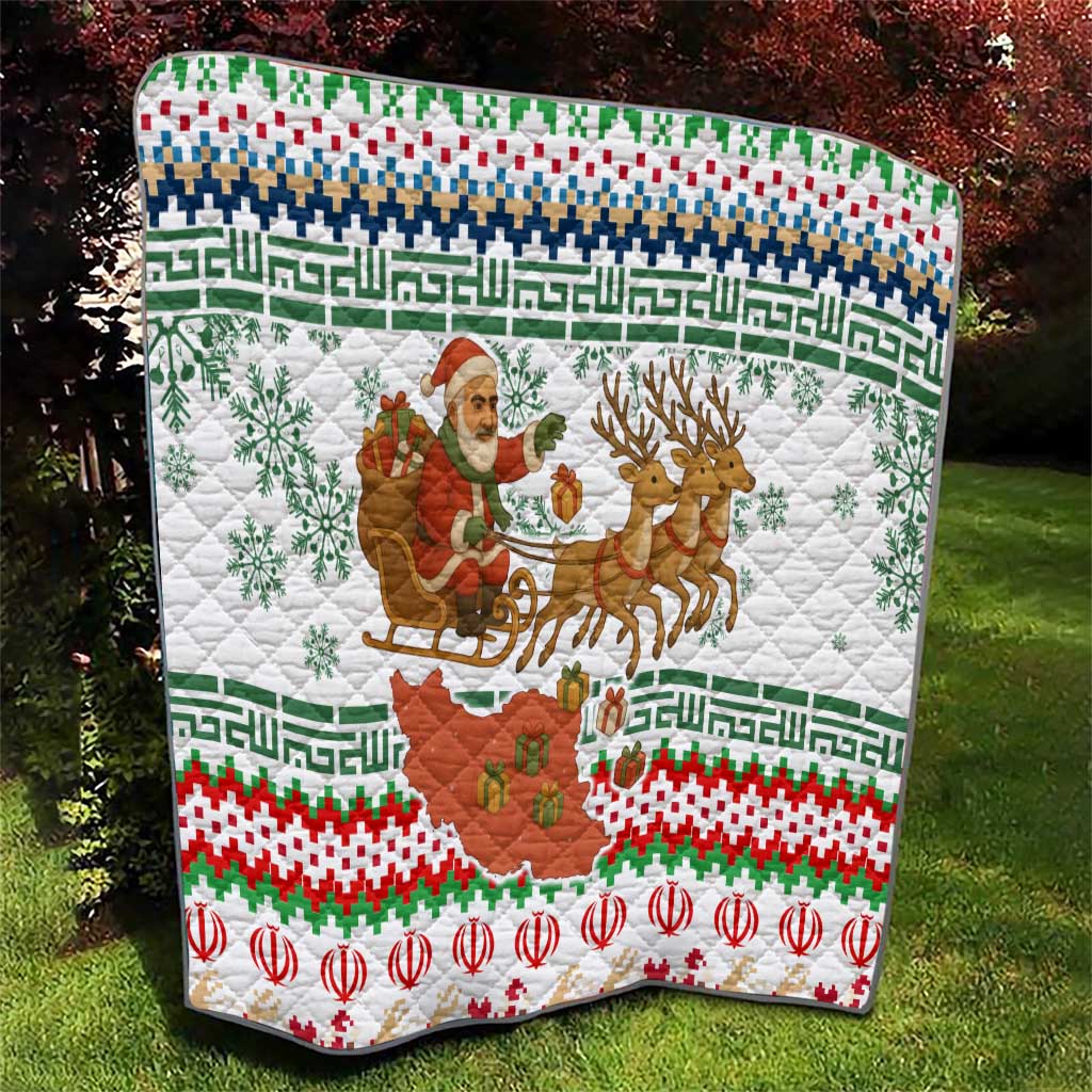 Iran Christmas Quilt with Santa Sleigh Reindeer Map and Green Red Snowflake Pattern - Wonder Print Shop