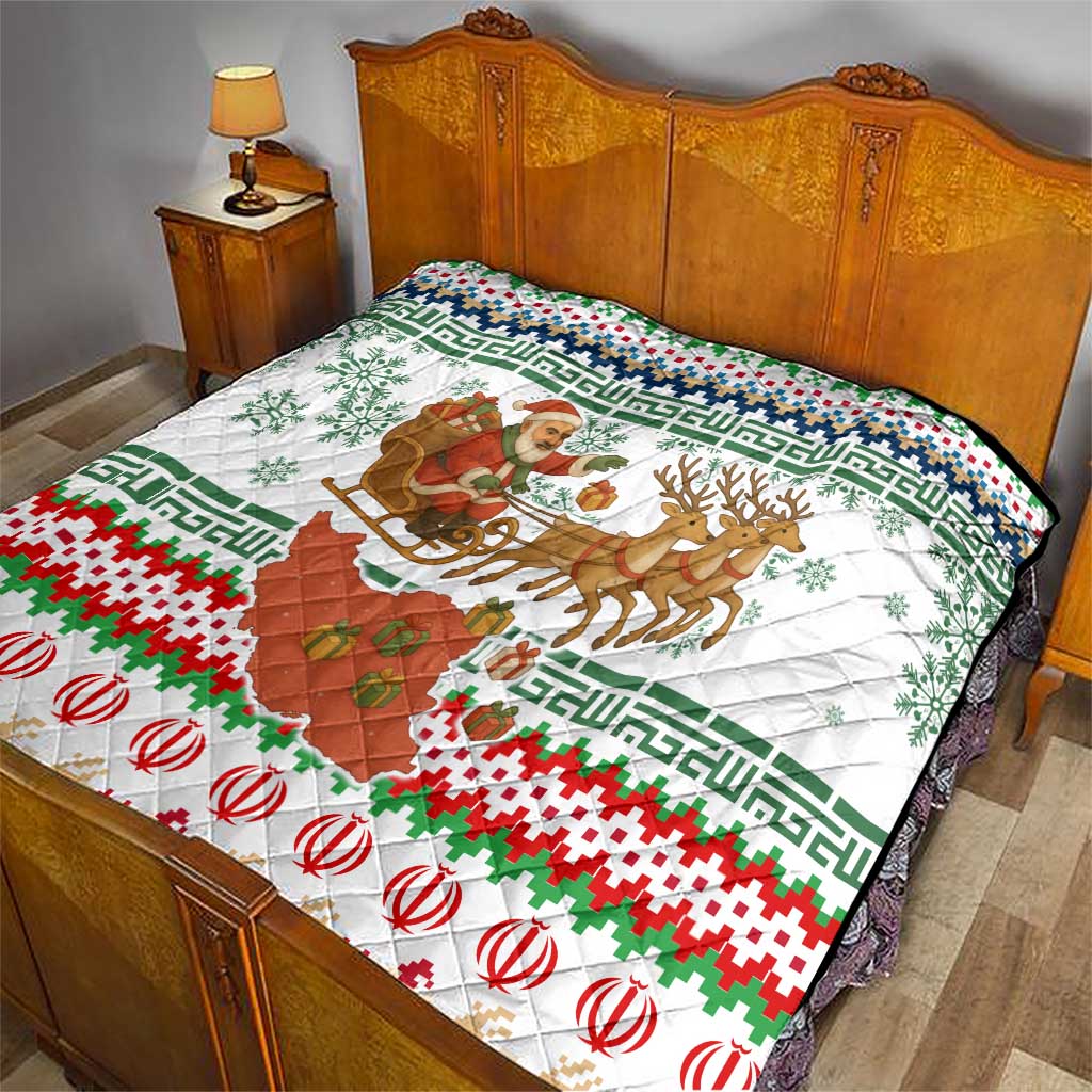 Iran Christmas Quilt with Santa Sleigh Reindeer Map and Green Red Snowflake Pattern - Wonder Print Shop