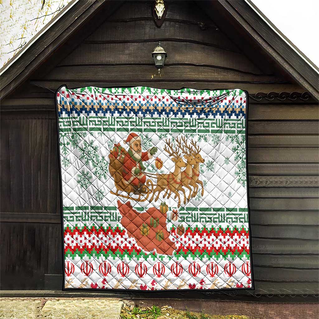Iran Christmas Quilt with Santa Sleigh Reindeer Map and Green Red Snowflake Pattern - Wonder Print Shop