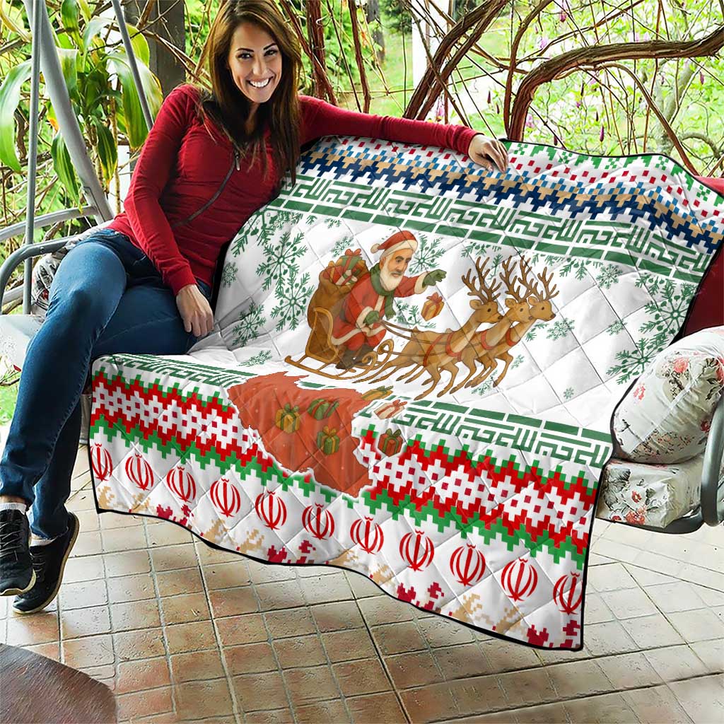 Iran Christmas Quilt with Santa Sleigh Reindeer Map and Green Red Snowflake Pattern - Wonder Print Shop
