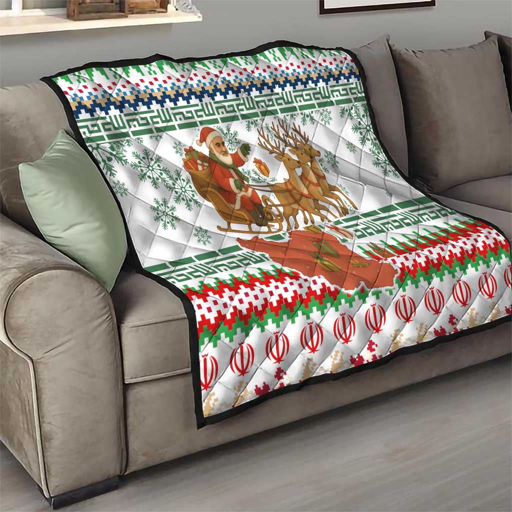 Iran Christmas Quilt with Santa Sleigh Reindeer Map and Green Red Snowflake Pattern - Wonder Print Shop