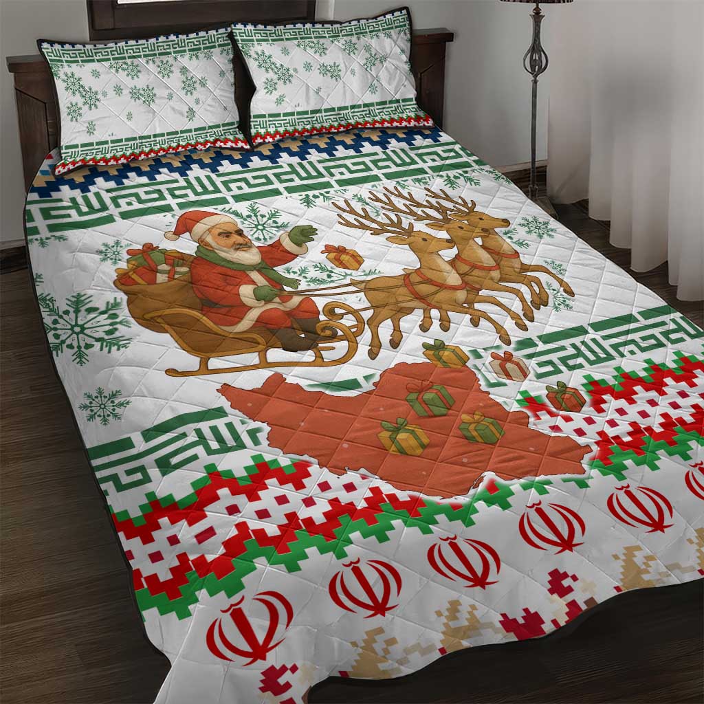 Iran Christmas Quilt Bed Set with Santa Sleigh Reindeer Map and Green Red Snowflake Pattern - Wonder Print Shop