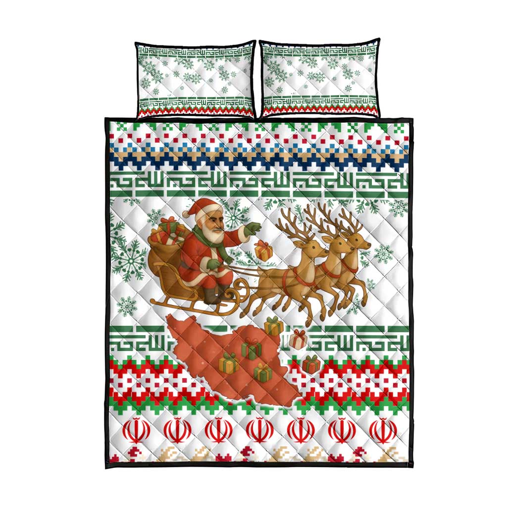 Iran Christmas Quilt Bed Set with Santa Sleigh Reindeer Map and Green Red Snowflake Pattern - Wonder Print Shop