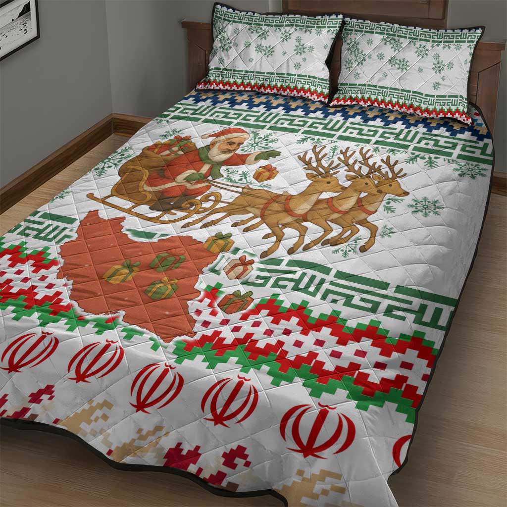 Iran Christmas Quilt Bed Set with Santa Sleigh Reindeer Map and Green Red Snowflake Pattern - Wonder Print Shop