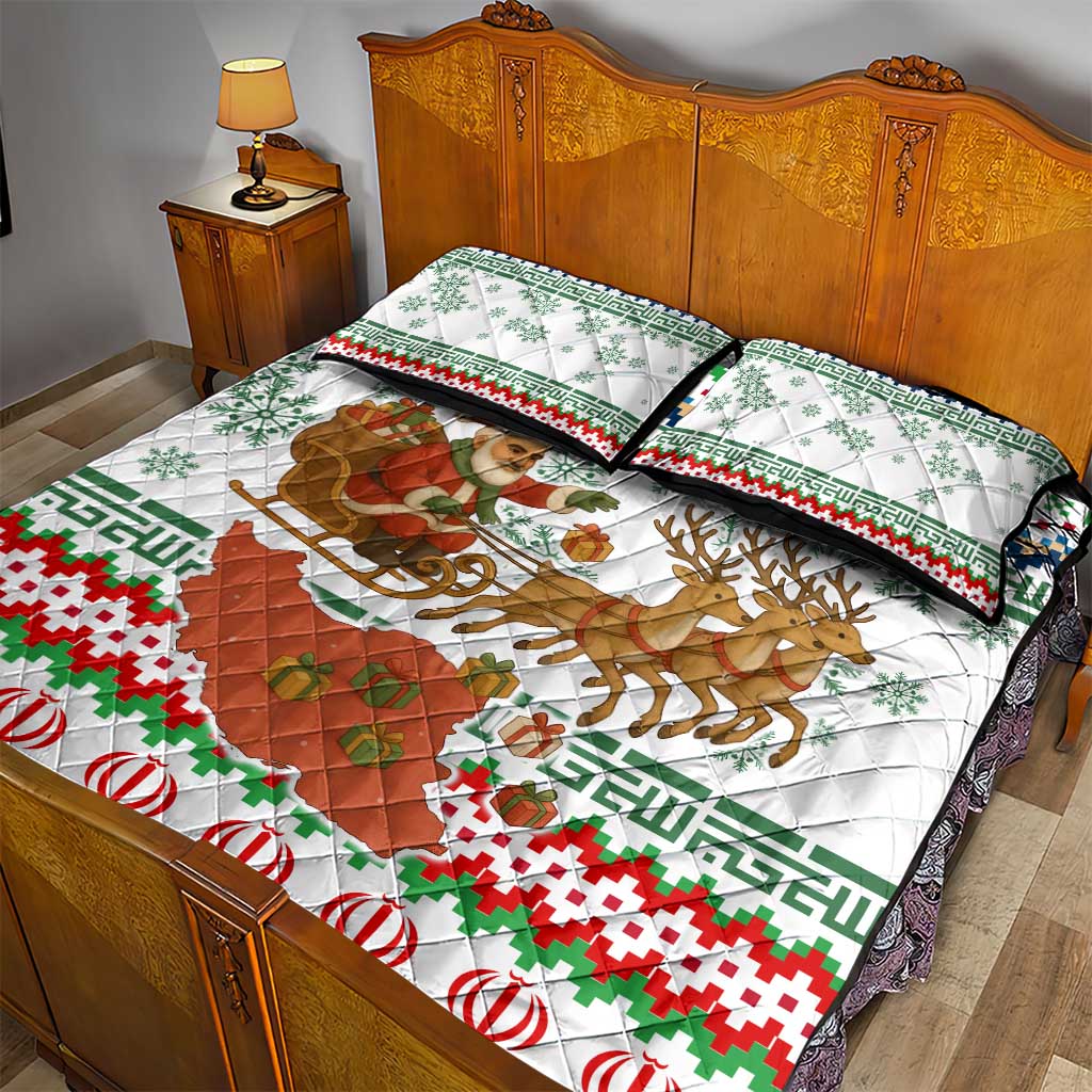 Iran Christmas Quilt Bed Set with Santa Sleigh Reindeer Map and Green Red Snowflake Pattern - Wonder Print Shop
