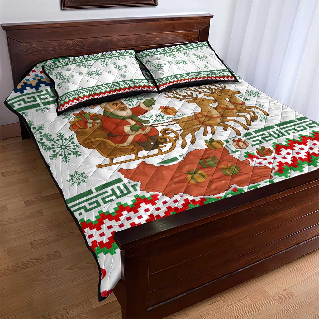 Iran Christmas Quilt Bed Set with Santa Sleigh Reindeer Map and Green Red Snowflake Pattern - Wonder Print Shop