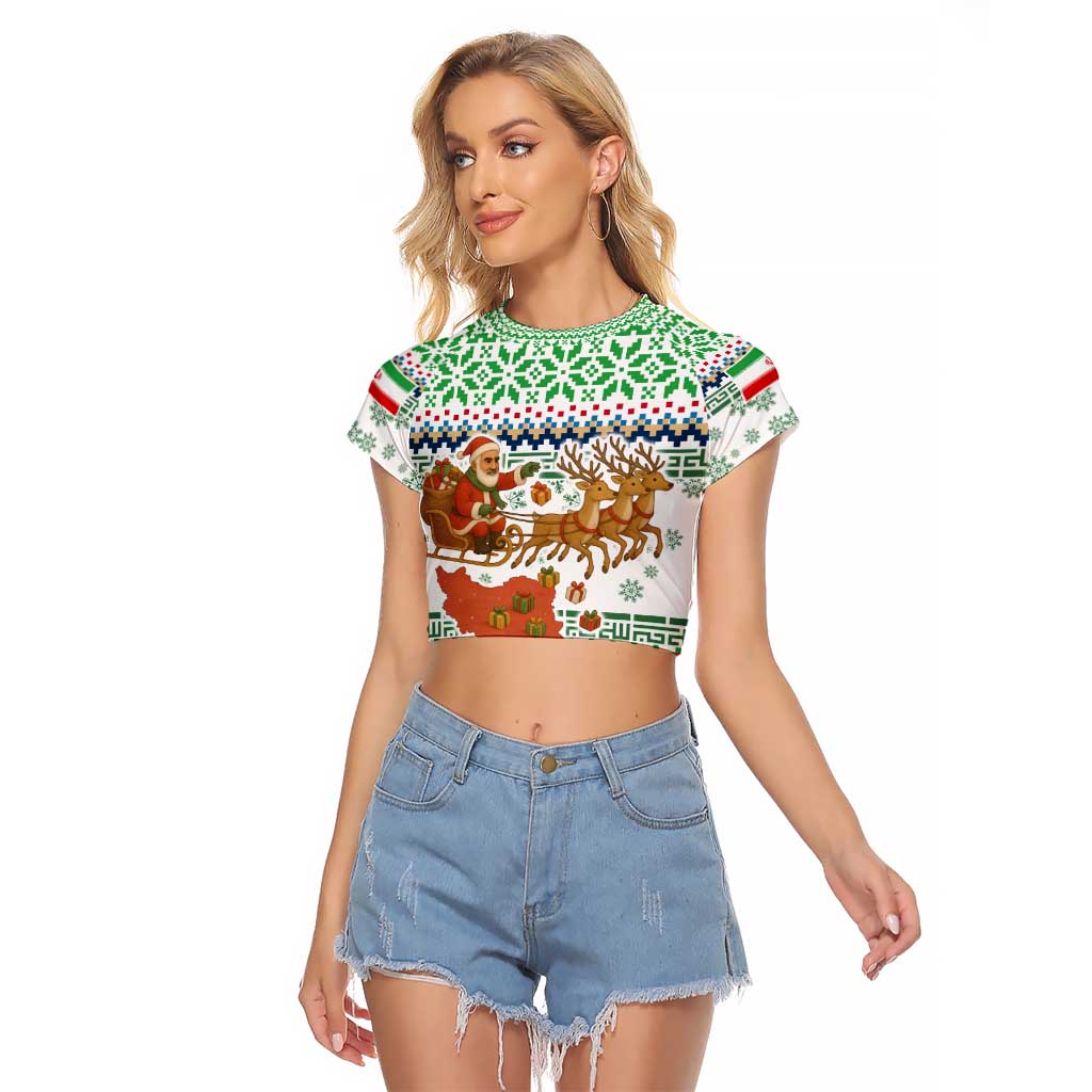 Iran Christmas Raglan Cropped T Shirt with Santa Sleigh Reindeer Map and Green Red Snowflake Pattern - Wonder Print Shop