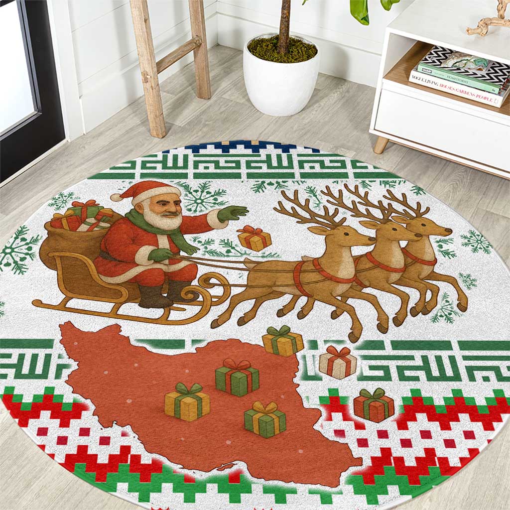 Iran Christmas Round Carpet with Santa Sleigh Reindeer Map and Green Red Snowflake Pattern - Wonder Print Shop