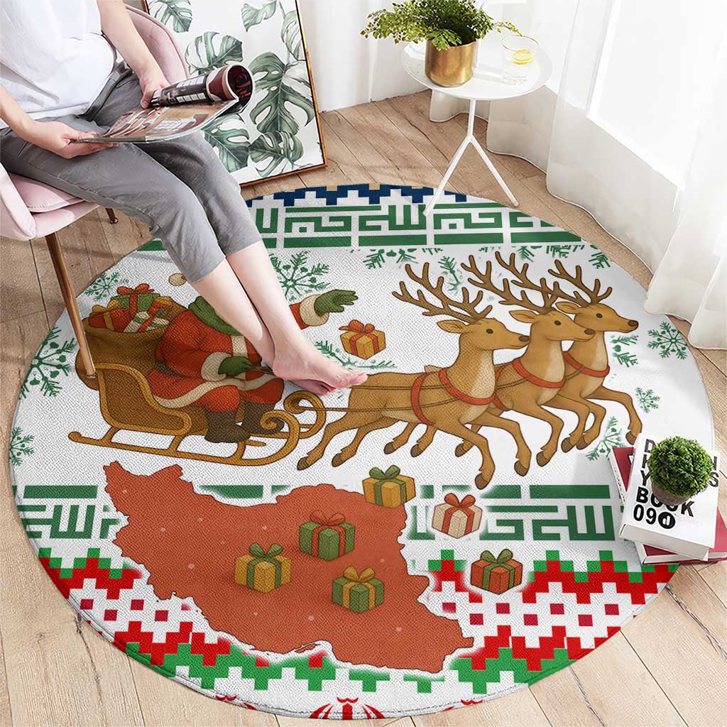 Iran Christmas Round Carpet with Santa Sleigh Reindeer Map and Green Red Snowflake Pattern - Wonder Print Shop