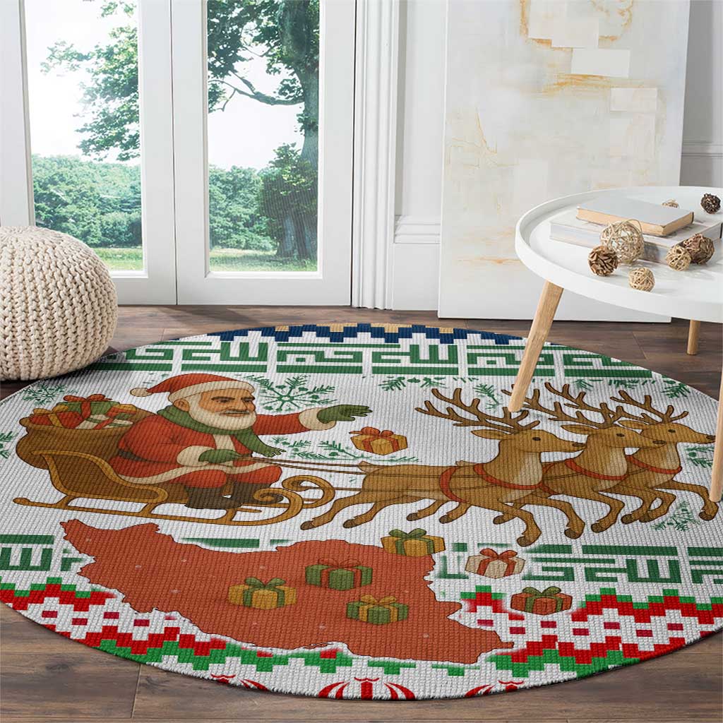 Iran Christmas Round Carpet with Santa Sleigh Reindeer Map and Green Red Snowflake Pattern - Wonder Print Shop