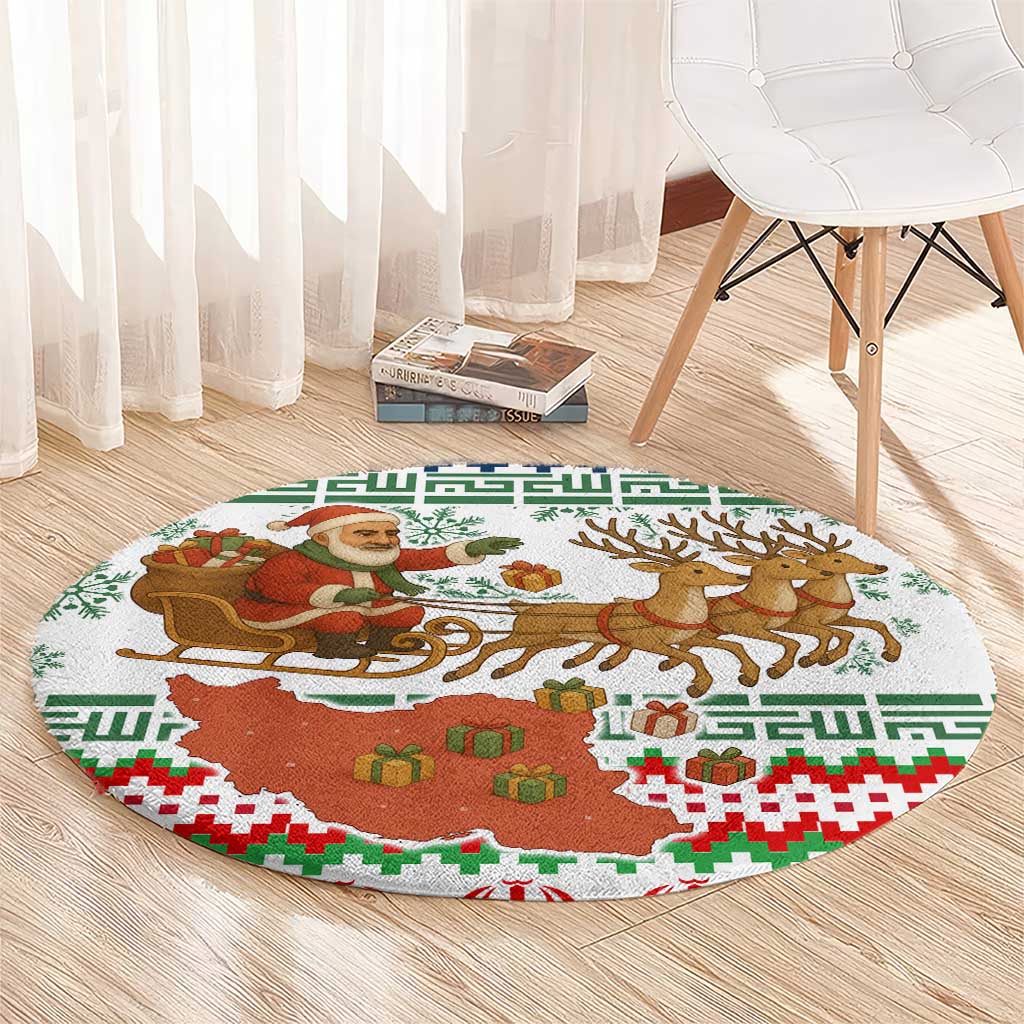Iran Christmas Round Carpet with Santa Sleigh Reindeer Map and Green Red Snowflake Pattern - Wonder Print Shop