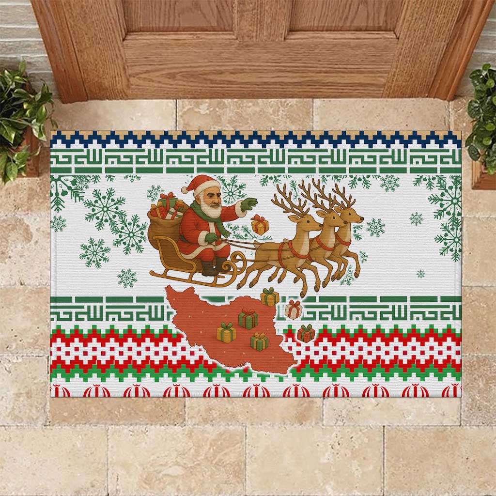 Iran Christmas Rubber Doormat with Santa Sleigh Reindeer Map and Green Red Snowflake Pattern - Wonder Print Shop