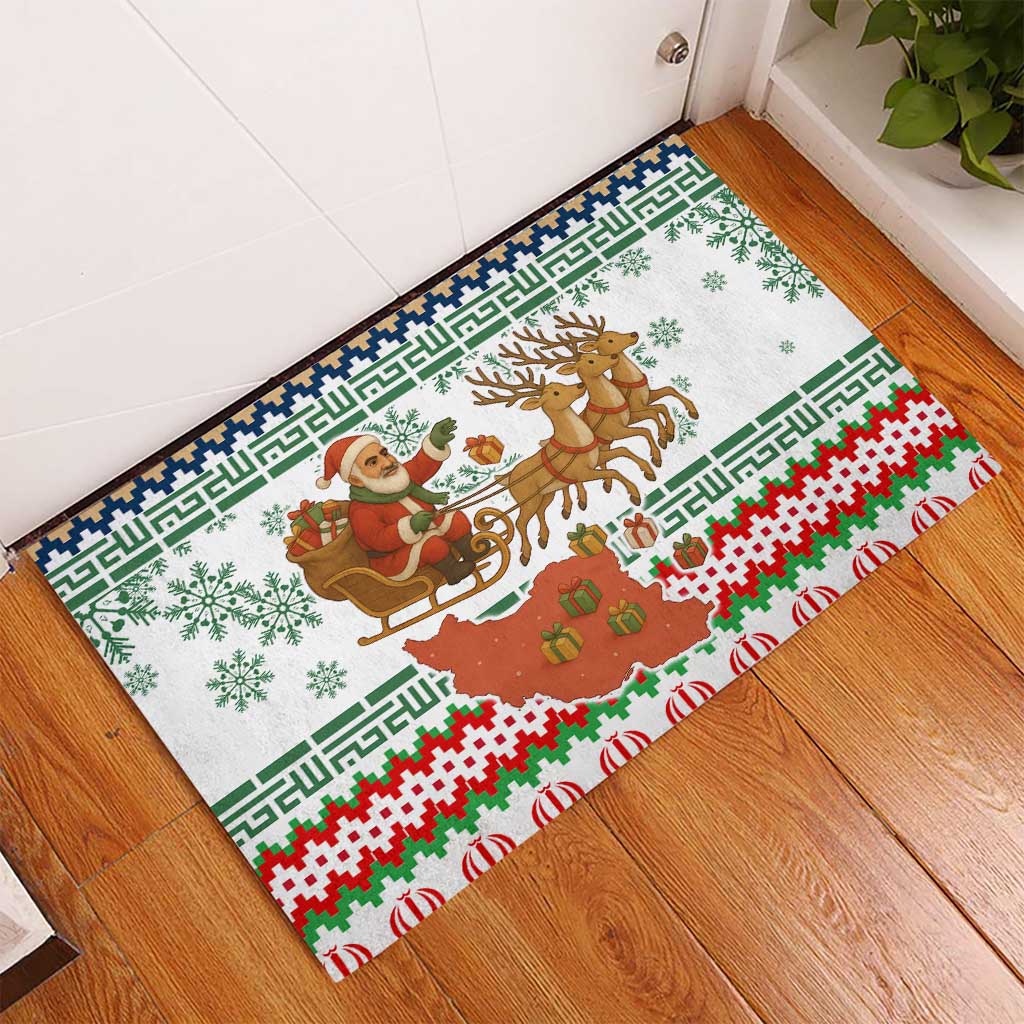 Iran Christmas Rubber Doormat with Santa Sleigh Reindeer Map and Green Red Snowflake Pattern - Wonder Print Shop