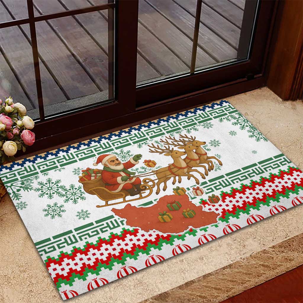 Iran Christmas Rubber Doormat with Santa Sleigh Reindeer Map and Green Red Snowflake Pattern - Wonder Print Shop