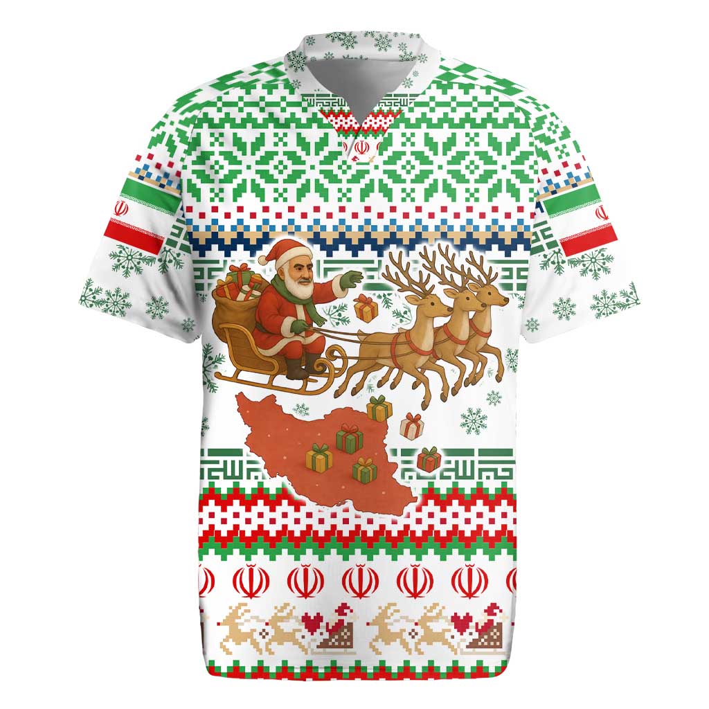 Iran Christmas Rugby Jersey with Santa Sleigh Reindeer Map and Green Red Snowflake Pattern - Wonder Print Shop