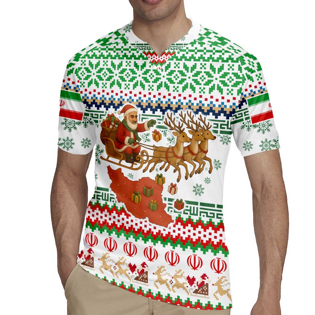 Iran Christmas Rugby Jersey with Santa Sleigh Reindeer Map and Green Red Snowflake Pattern - Wonder Print Shop