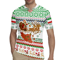 Iran Christmas Rugby Jersey with Santa Sleigh Reindeer Map and Green Red Snowflake Pattern - Wonder Print Shop