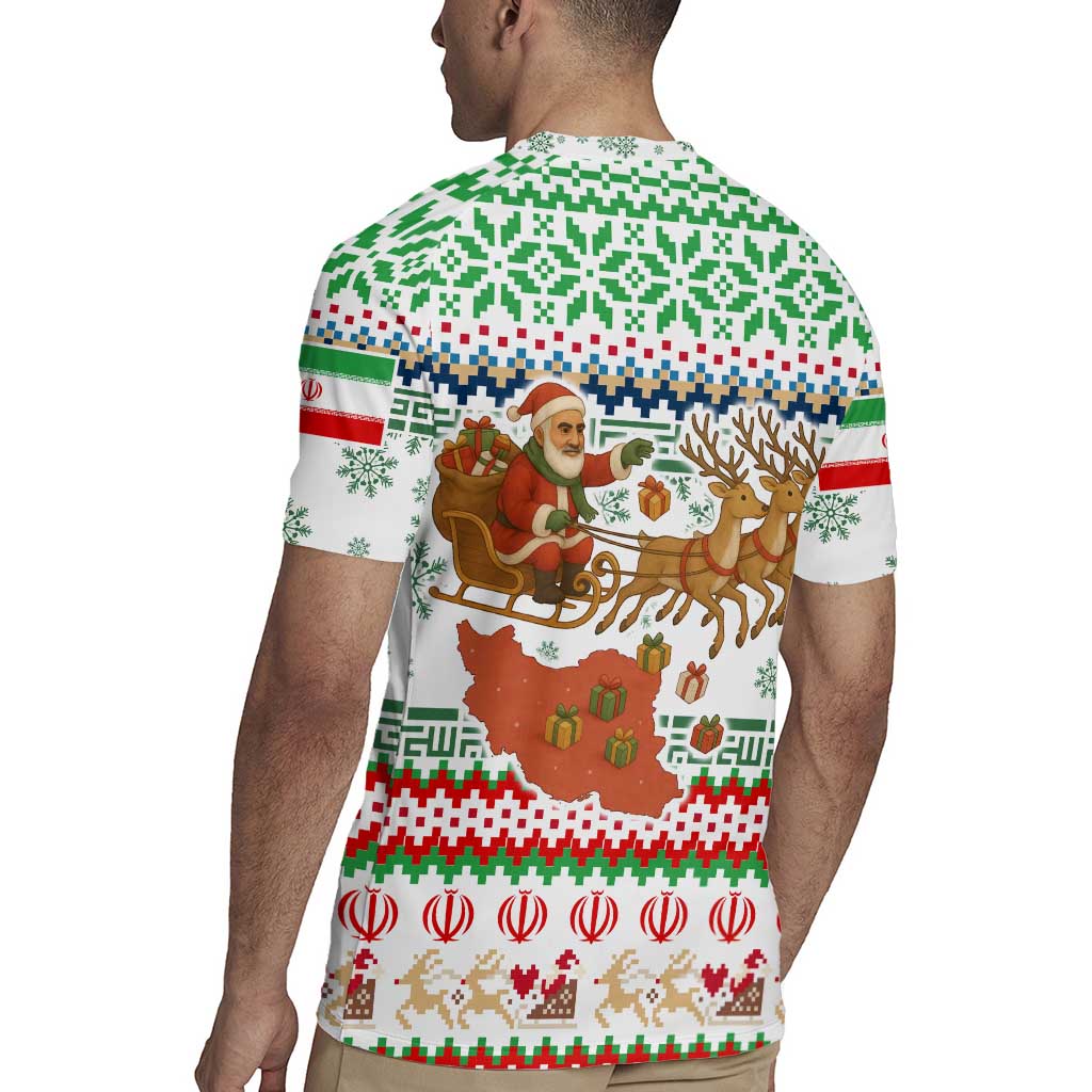 Iran Christmas Rugby Jersey with Santa Sleigh Reindeer Map and Green Red Snowflake Pattern - Wonder Print Shop