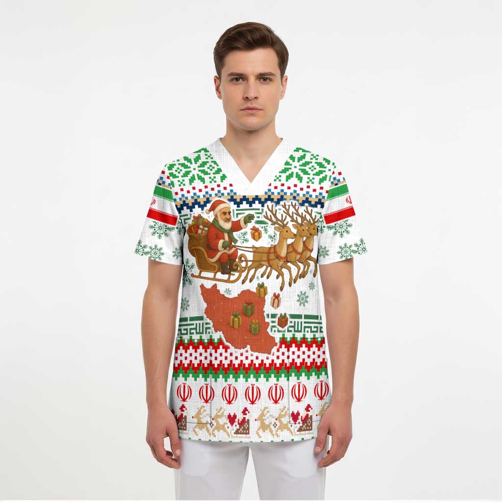 Iran Christmas Scrub Top with Santa Sleigh Reindeer Map and Green Red Snowflake Pattern - Wonder Print Shop