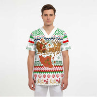Iran Christmas Scrub Top with Santa Sleigh Reindeer Map and Green Red Snowflake Pattern - Wonder Print Shop