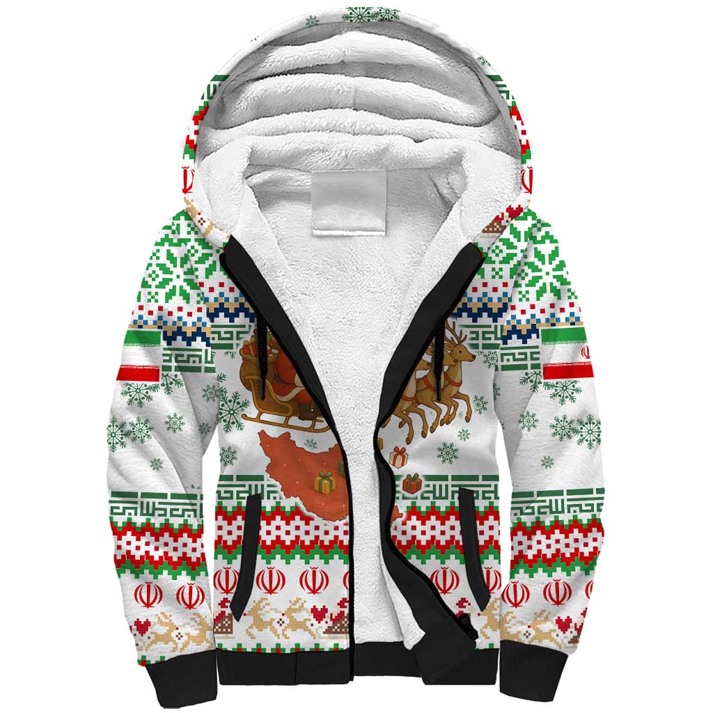 Iran Christmas Sherpa Hoodie with Santa Sleigh Reindeer Map and Green Red Snowflake Pattern - Wonder Print Shop