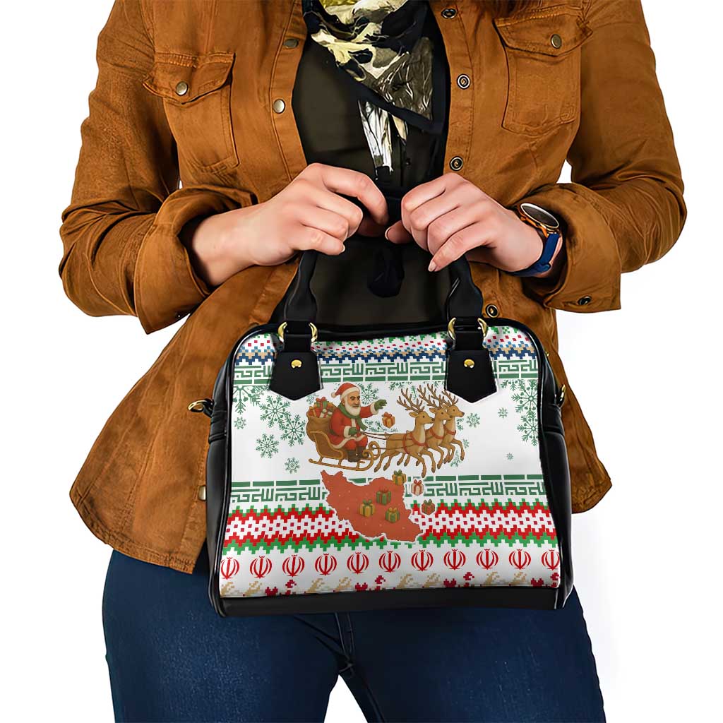 Iran Christmas Shoulder Handbag with Santa Sleigh Reindeer Map and Green Red Snowflake Pattern - Wonder Print Shop