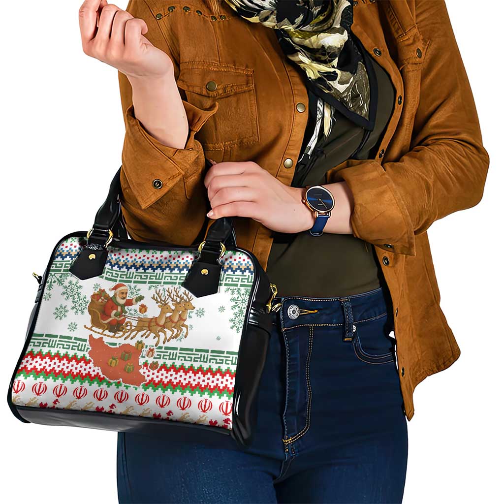 Iran Christmas Shoulder Handbag with Santa Sleigh Reindeer Map and Green Red Snowflake Pattern - Wonder Print Shop