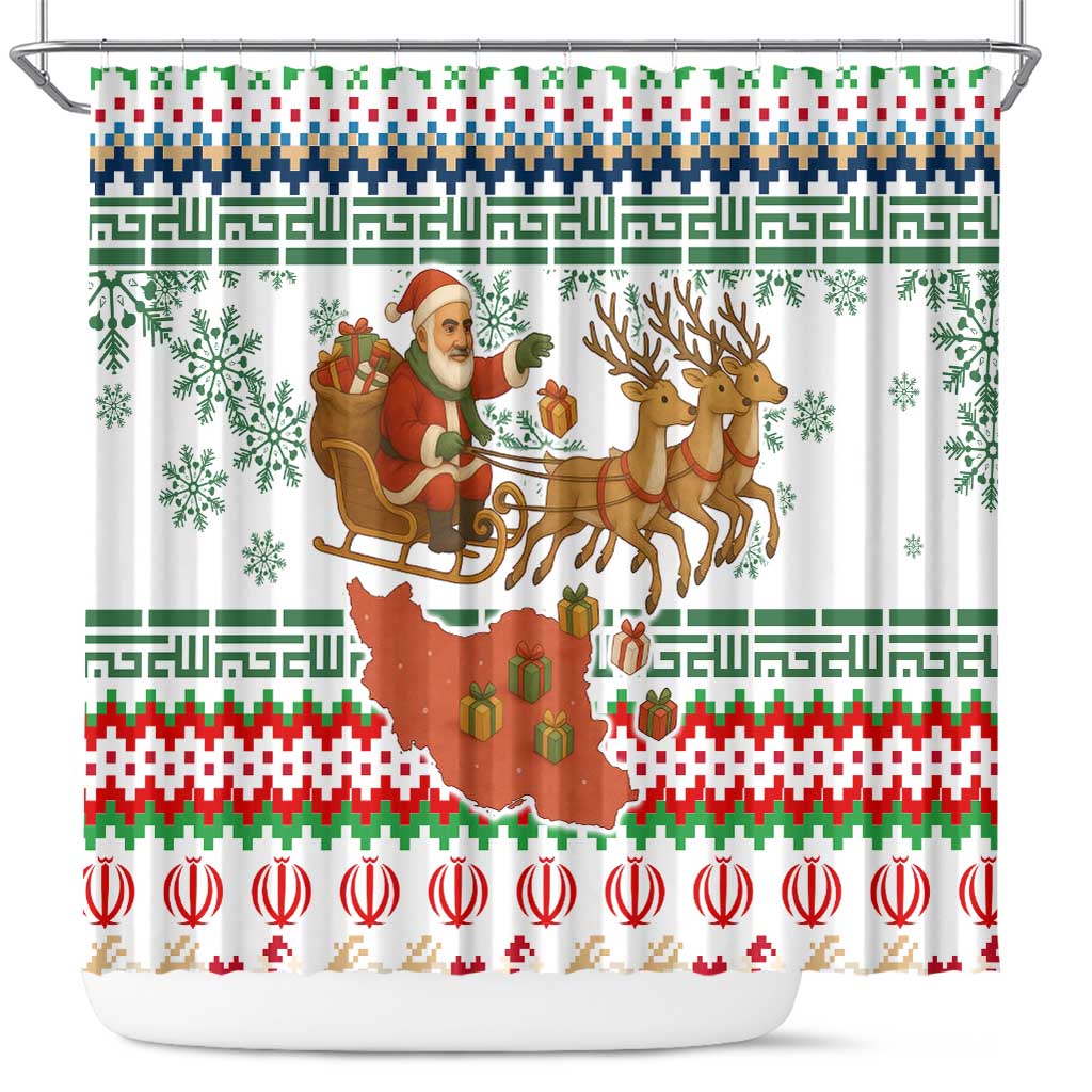 Iran Christmas Shower Curtain with Santa Sleigh Reindeer Map and Green Red Snowflake Pattern - Wonder Print Shop