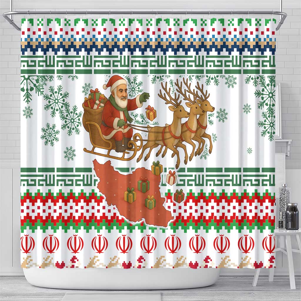 Iran Christmas Shower Curtain with Santa Sleigh Reindeer Map and Green Red Snowflake Pattern - Wonder Print Shop