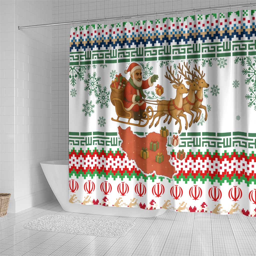 Iran Christmas Shower Curtain with Santa Sleigh Reindeer Map and Green Red Snowflake Pattern - Wonder Print Shop