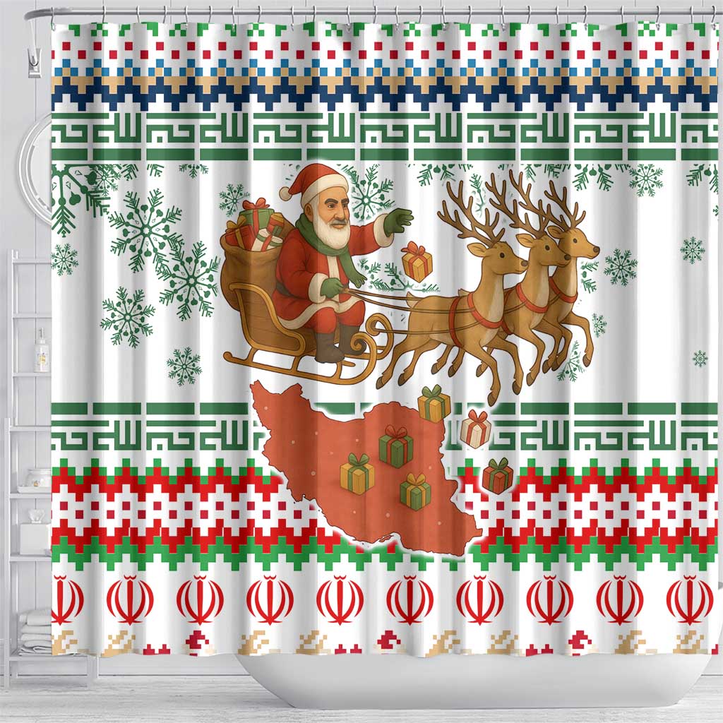 Iran Christmas Shower Curtain with Santa Sleigh Reindeer Map and Green Red Snowflake Pattern - Wonder Print Shop