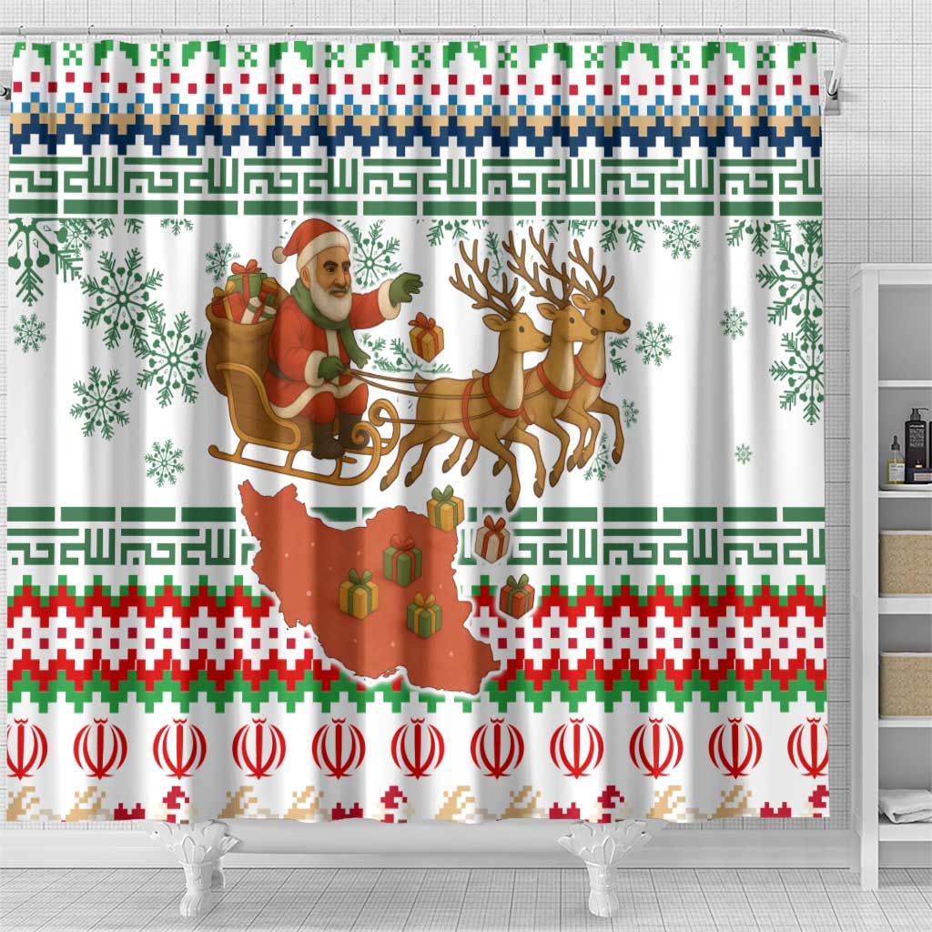 Iran Christmas Shower Curtain with Santa Sleigh Reindeer Map and Green Red Snowflake Pattern - Wonder Print Shop