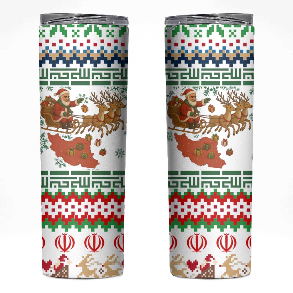 Iran Christmas Skinny Tumbler with Santa Sleigh Reindeer Map and Green Red Snowflake Pattern - Wonder Print Shop