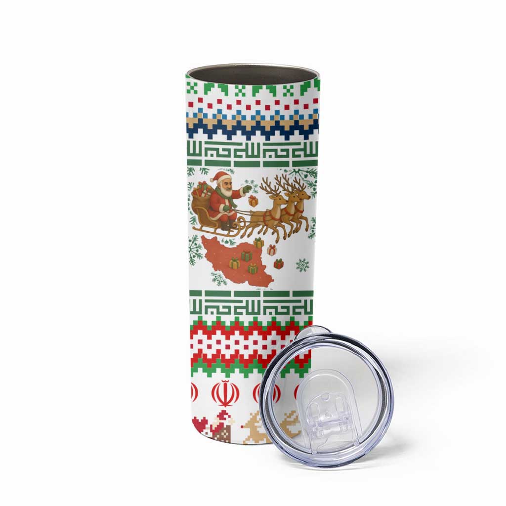 Iran Christmas Skinny Tumbler with Santa Sleigh Reindeer Map and Green Red Snowflake Pattern - Wonder Print Shop