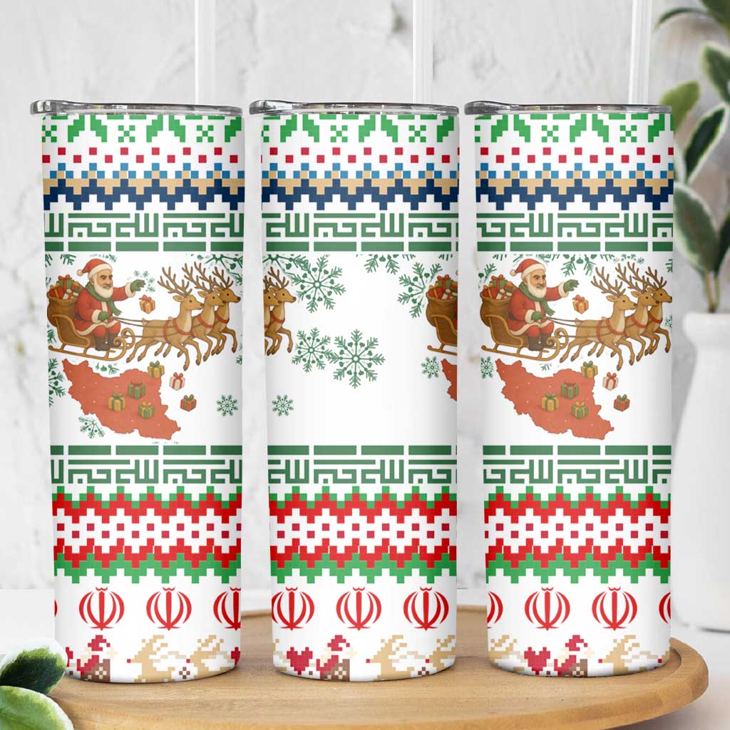 Iran Christmas Skinny Tumbler with Santa Sleigh Reindeer Map and Green Red Snowflake Pattern - Wonder Print Shop
