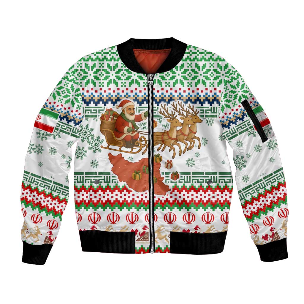 Iran Christmas Sleeve Zip Bomber Jacket with Santa Sleigh Reindeer Map and Green Red Snowflake Pattern - Wonder Print Shop