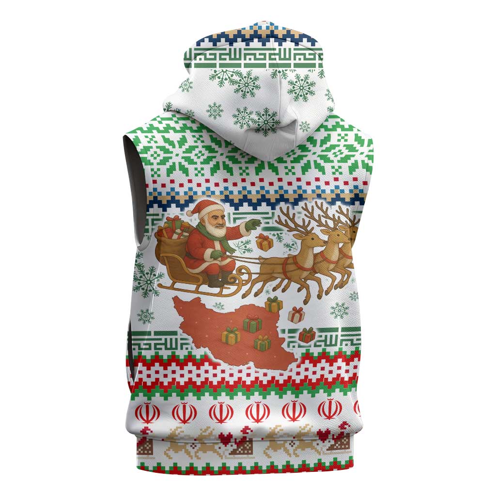 Iran Christmas Sleeveless Hoodie with Santa Sleigh Reindeer Map and Green Red Snowflake Pattern - Wonder Print Shop