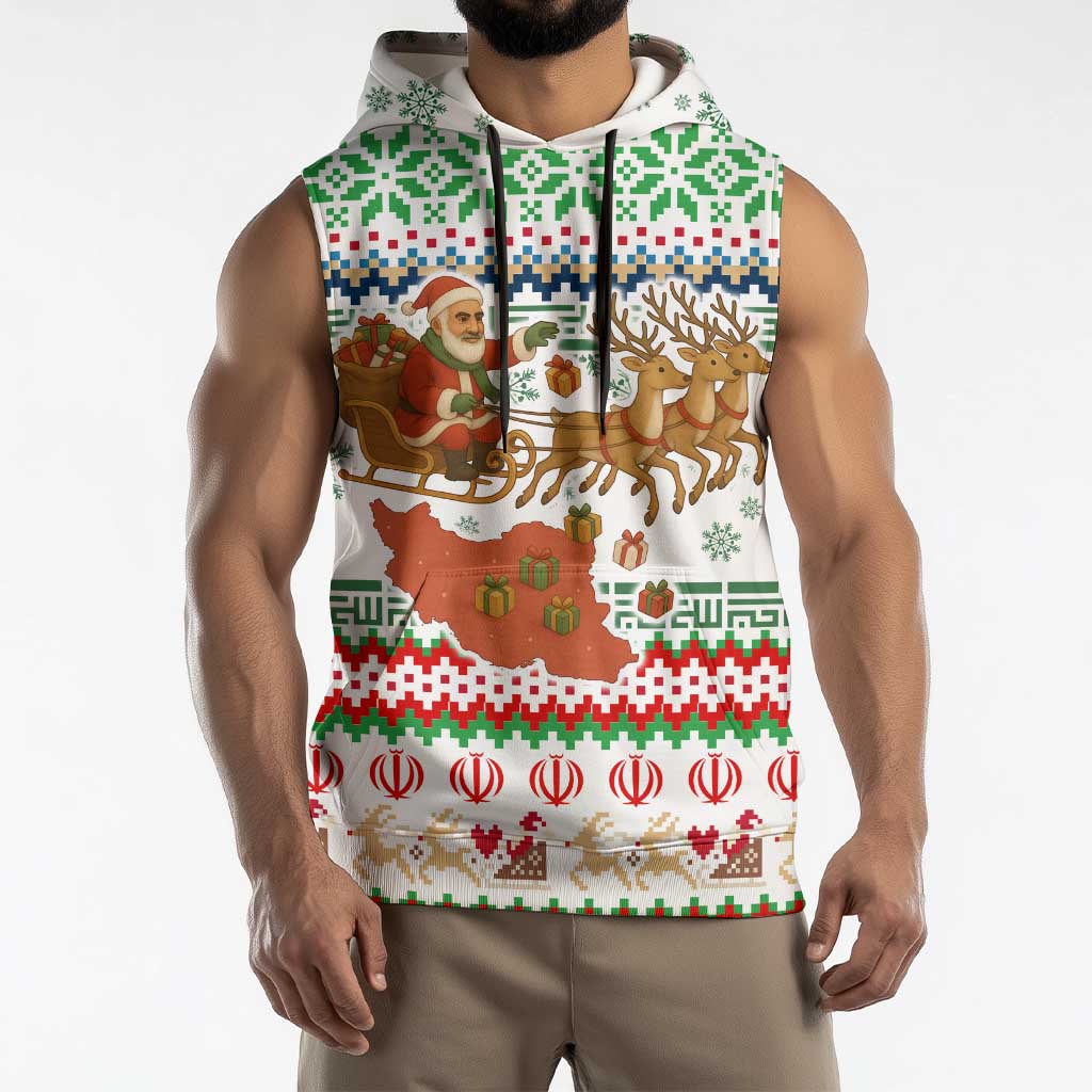Iran Christmas Sleeveless Hoodie with Santa Sleigh Reindeer Map and Green Red Snowflake Pattern - Wonder Print Shop