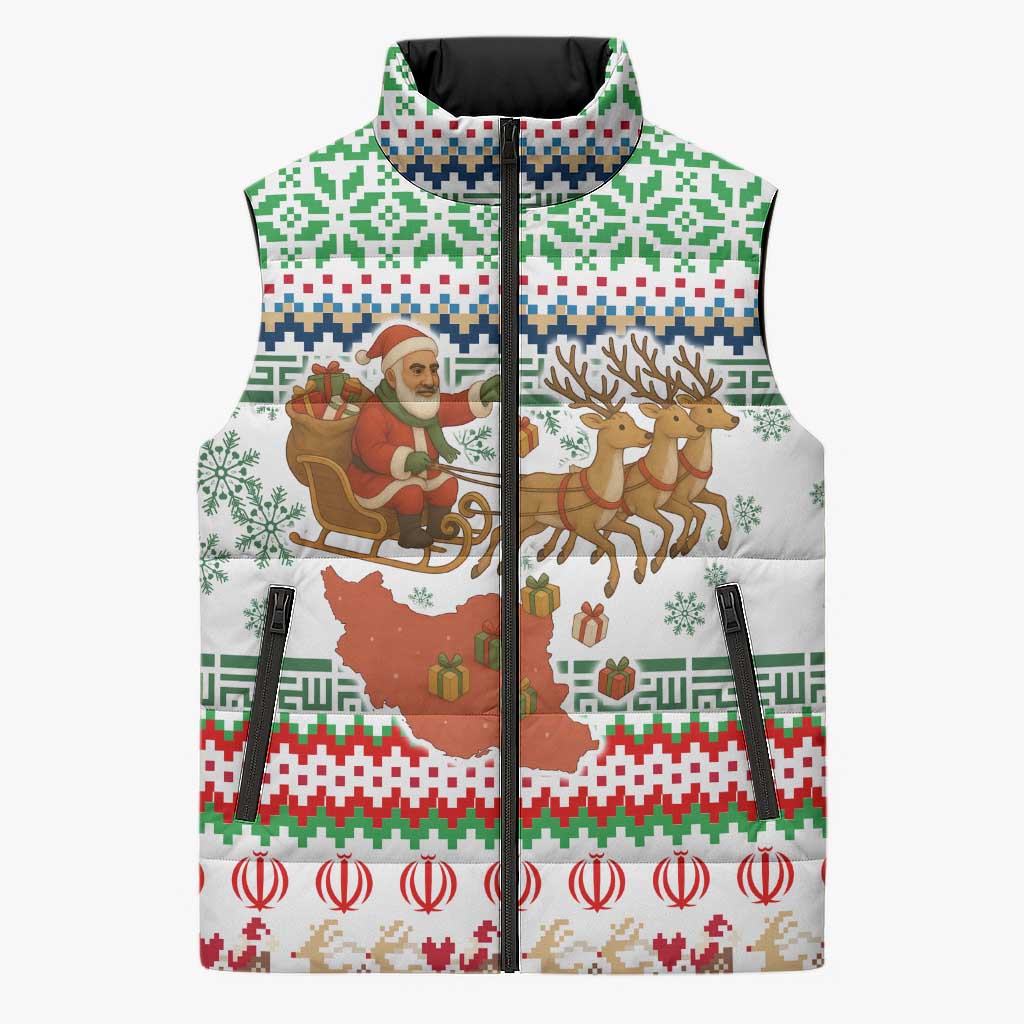 Iran Christmas Sleeveless Puffer Jacket with Santa Sleigh Reindeer Map and Green Red Snowflake Pattern - Wonder Print Shop