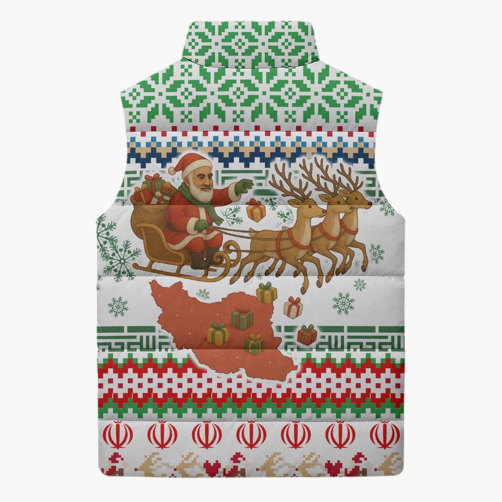 Iran Christmas Sleeveless Puffer Jacket with Santa Sleigh Reindeer Map and Green Red Snowflake Pattern - Wonder Print Shop