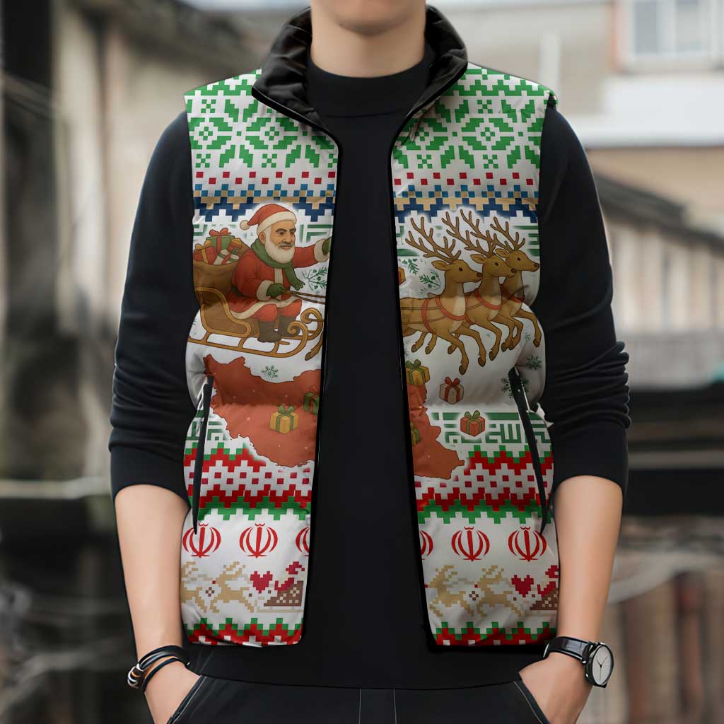 Iran Christmas Sleeveless Puffer Jacket with Santa Sleigh Reindeer Map and Green Red Snowflake Pattern - Wonder Print Shop