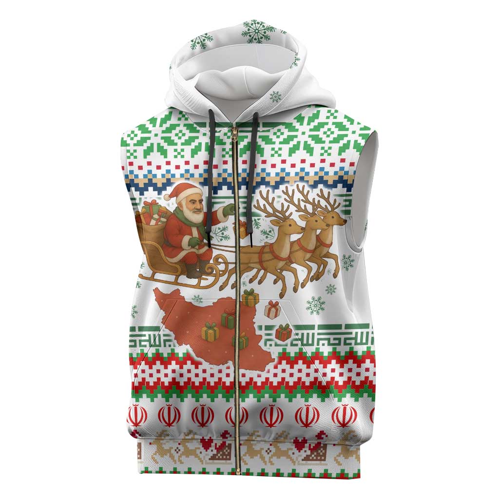 Iran Christmas Sleeveless Zip Hoodie with Santa Sleigh Reindeer Map and Green Red Snowflake Pattern - Wonder Print Shop