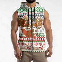 Iran Christmas Sleeveless Zip Hoodie with Santa Sleigh Reindeer Map and Green Red Snowflake Pattern - Wonder Print Shop