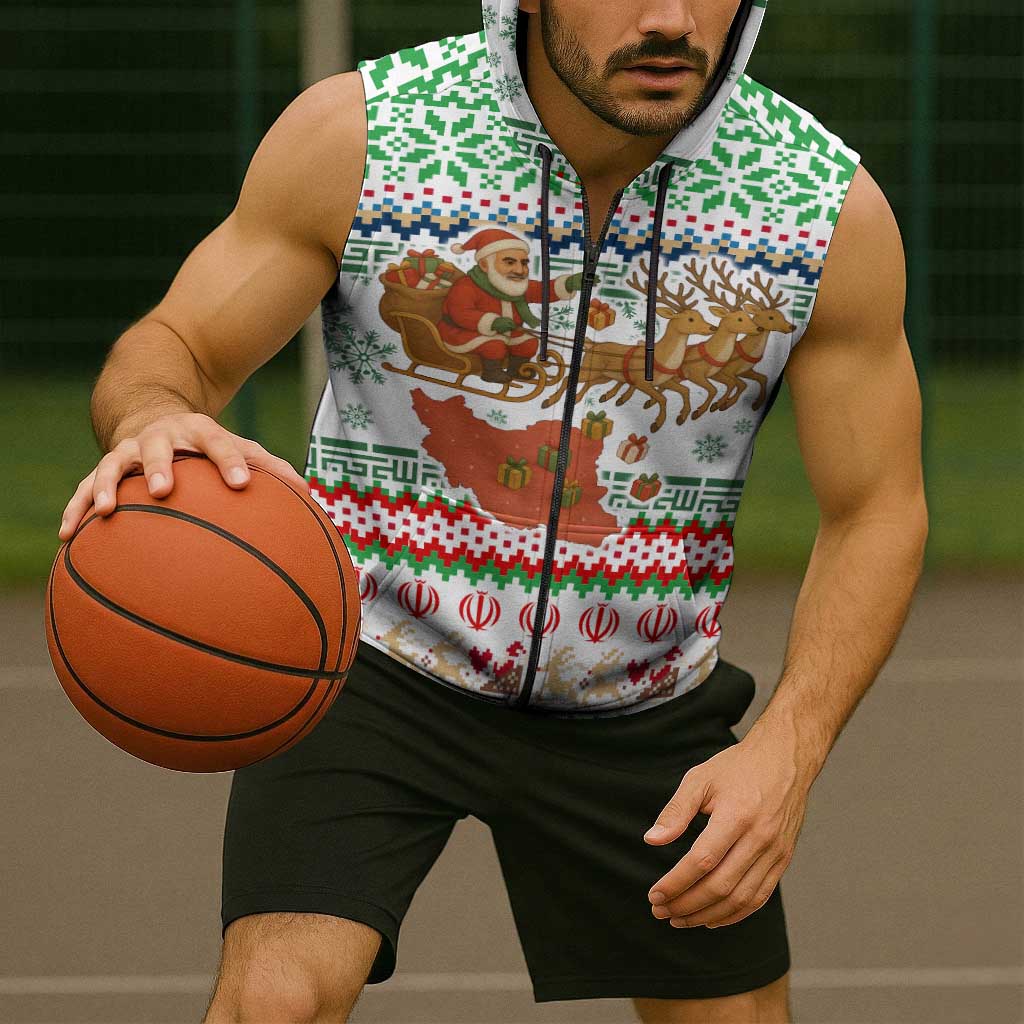 Iran Christmas Sleeveless Zip Hoodie with Santa Sleigh Reindeer Map and Green Red Snowflake Pattern - Wonder Print Shop