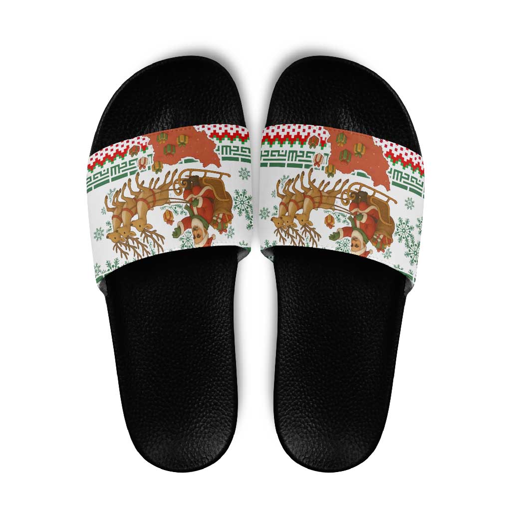 Iran Christmas Slide Sandals with Santa Sleigh Reindeer Map and Green Red Snowflake Pattern - Wonder Print Shop