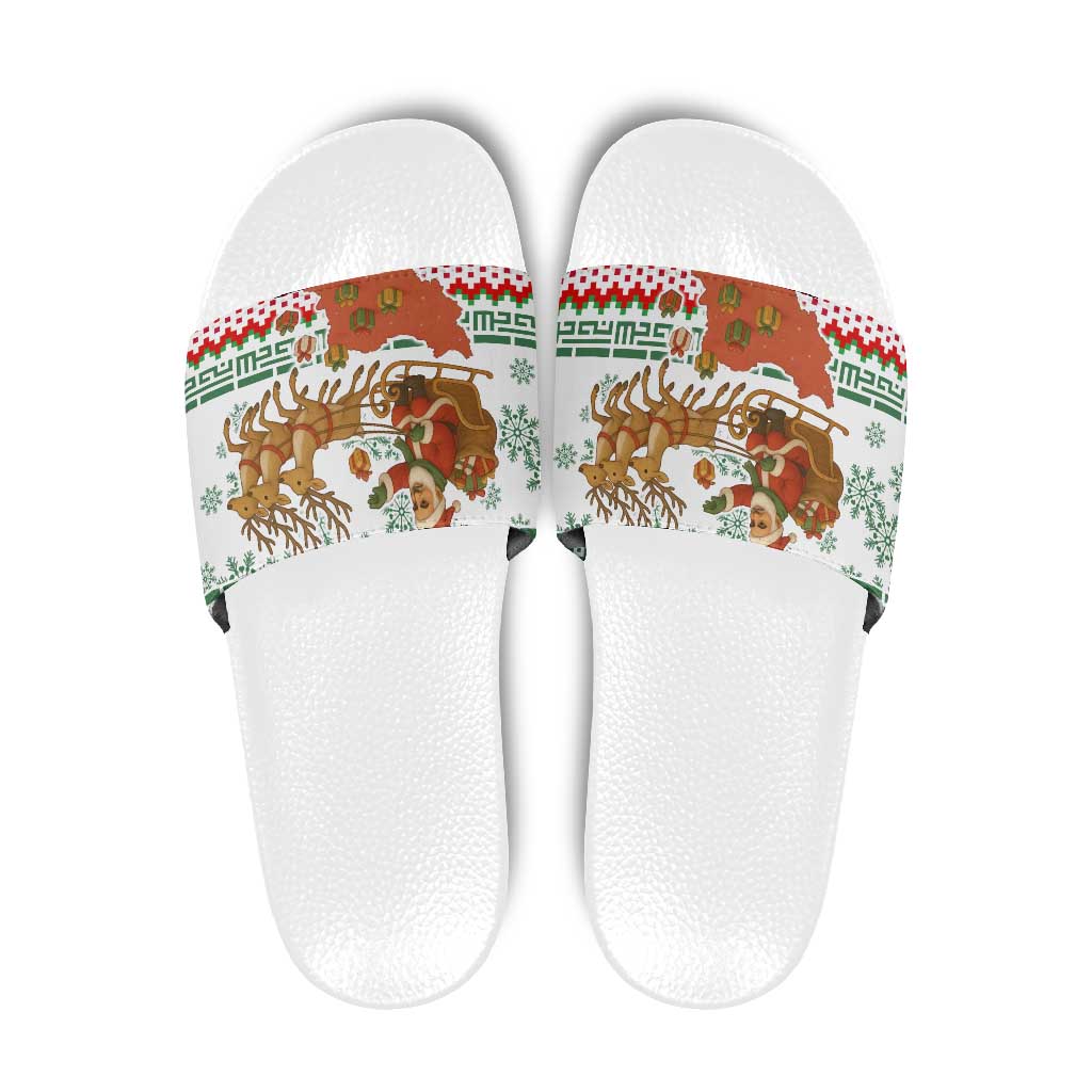 Iran Christmas Slide Sandals with Santa Sleigh Reindeer Map and Green Red Snowflake Pattern - Wonder Print Shop