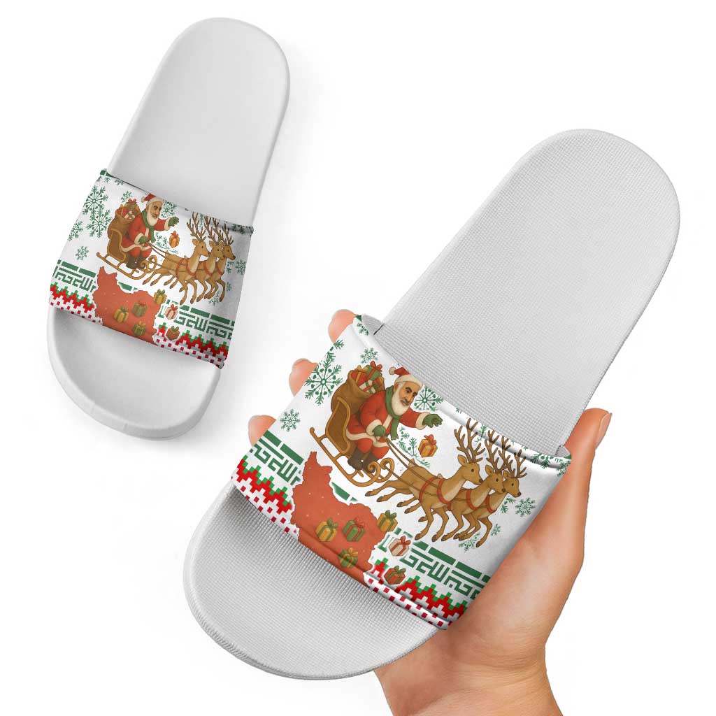 Iran Christmas Slide Sandals with Santa Sleigh Reindeer Map and Green Red Snowflake Pattern - Wonder Print Shop