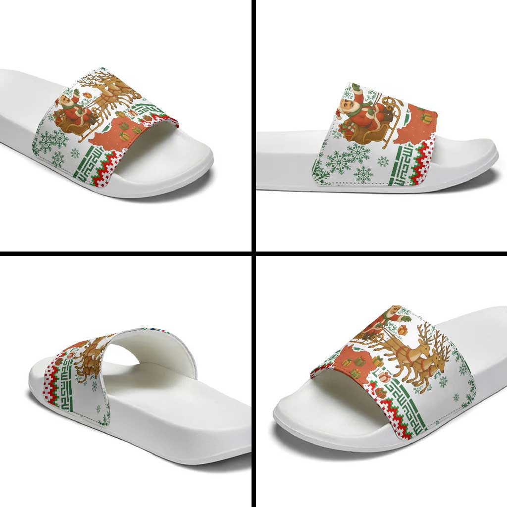 Iran Christmas Slide Sandals with Santa Sleigh Reindeer Map and Green Red Snowflake Pattern - Wonder Print Shop
