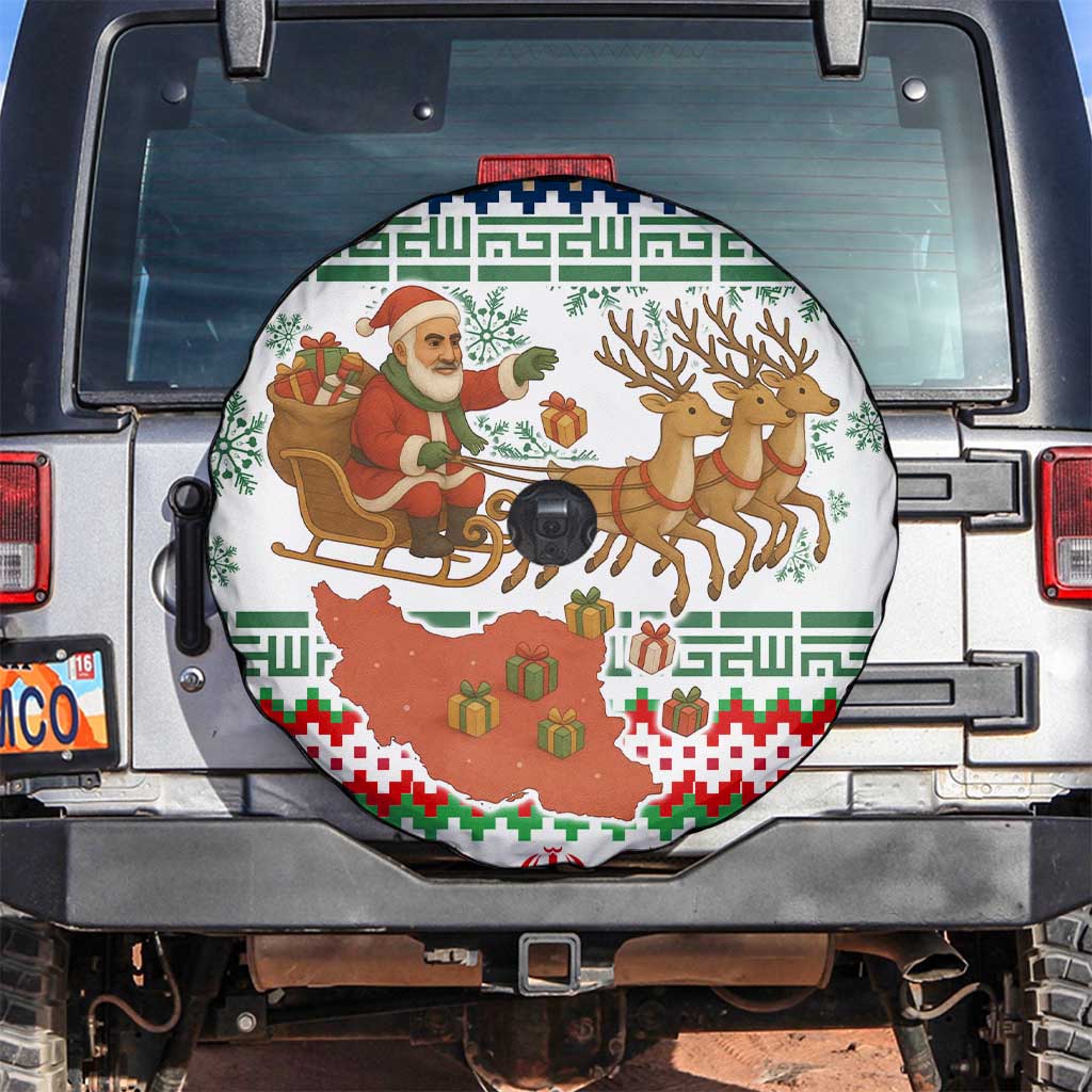 Iran Christmas Spare Tire Cover with Santa Sleigh Reindeer Map and Green Red Snowflake Pattern - Wonder Print Shop