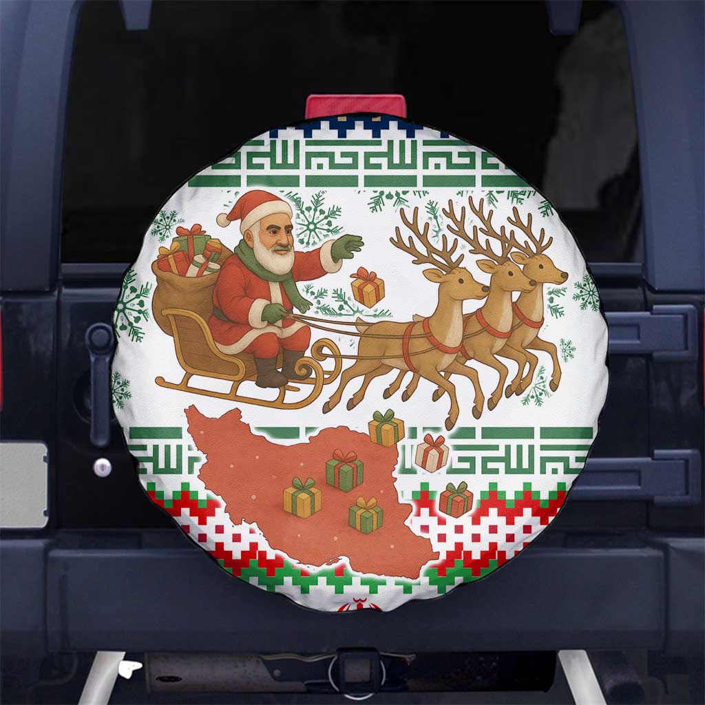 Iran Christmas Spare Tire Cover with Santa Sleigh Reindeer Map and Green Red Snowflake Pattern - Wonder Print Shop